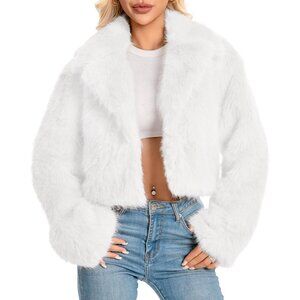 Women's Fur Coats Plus Size Cropped Faux Fuzzy Jacket Fluffy Fall Coat White